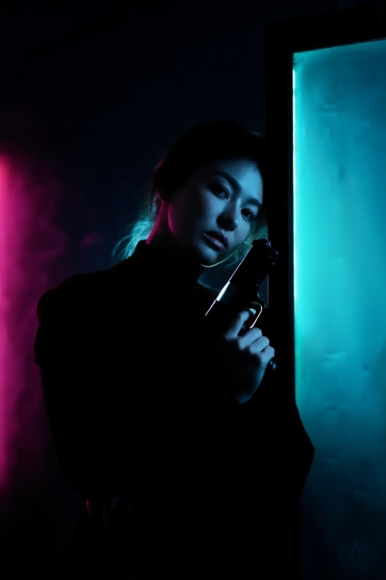 Cinematic low-light neon interior,  rim-lit,  waist-up close-up of a 20yo female intelligence operative filling the frame...