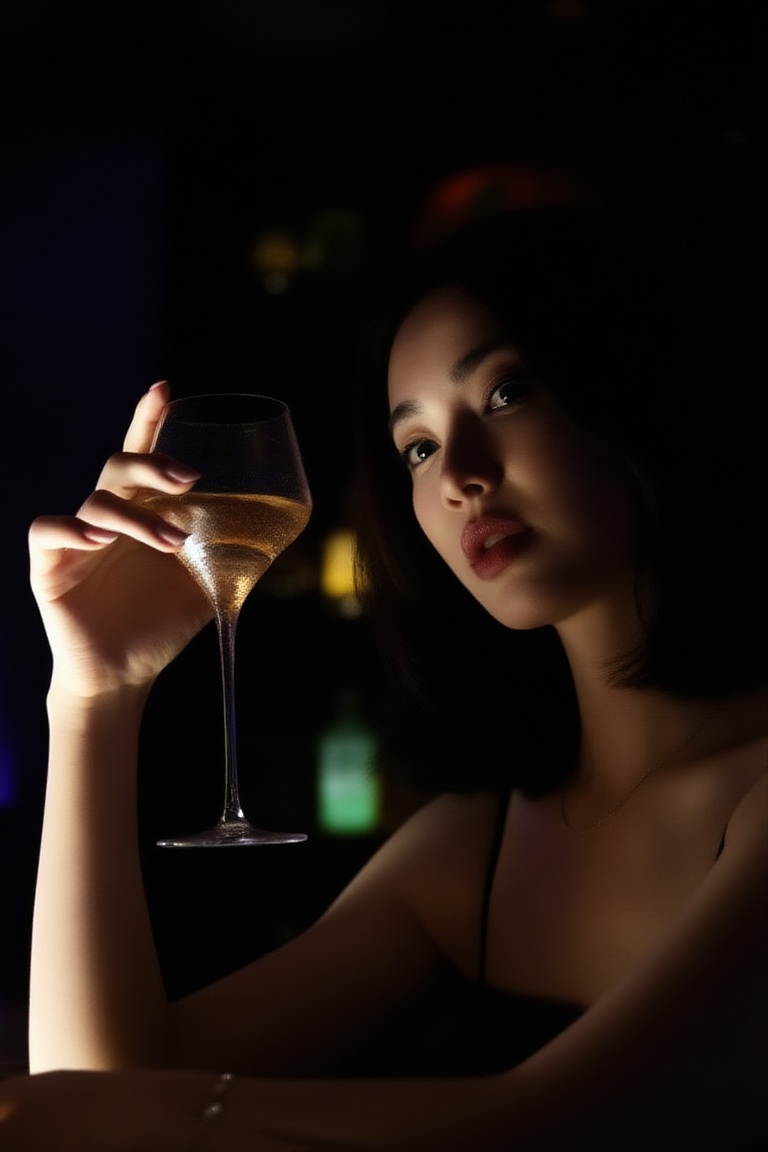 low-key club interior,  upper-body close-up of a woman,  holding a cocktail glass near her face on Tensor.Art