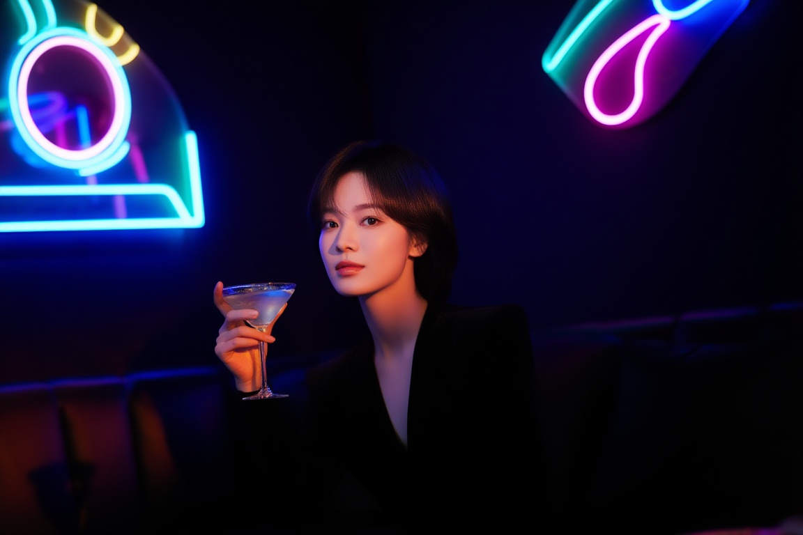 dim neon-lit cafe private luxurious room interior,  upper-body portrait of a beautiful young woman with short hair,  face...