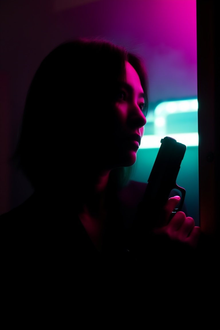 Cinematic low-light neon interior,  rim-lit,  waist-up close-up of a 20yo female intelligence operative filling the frame...