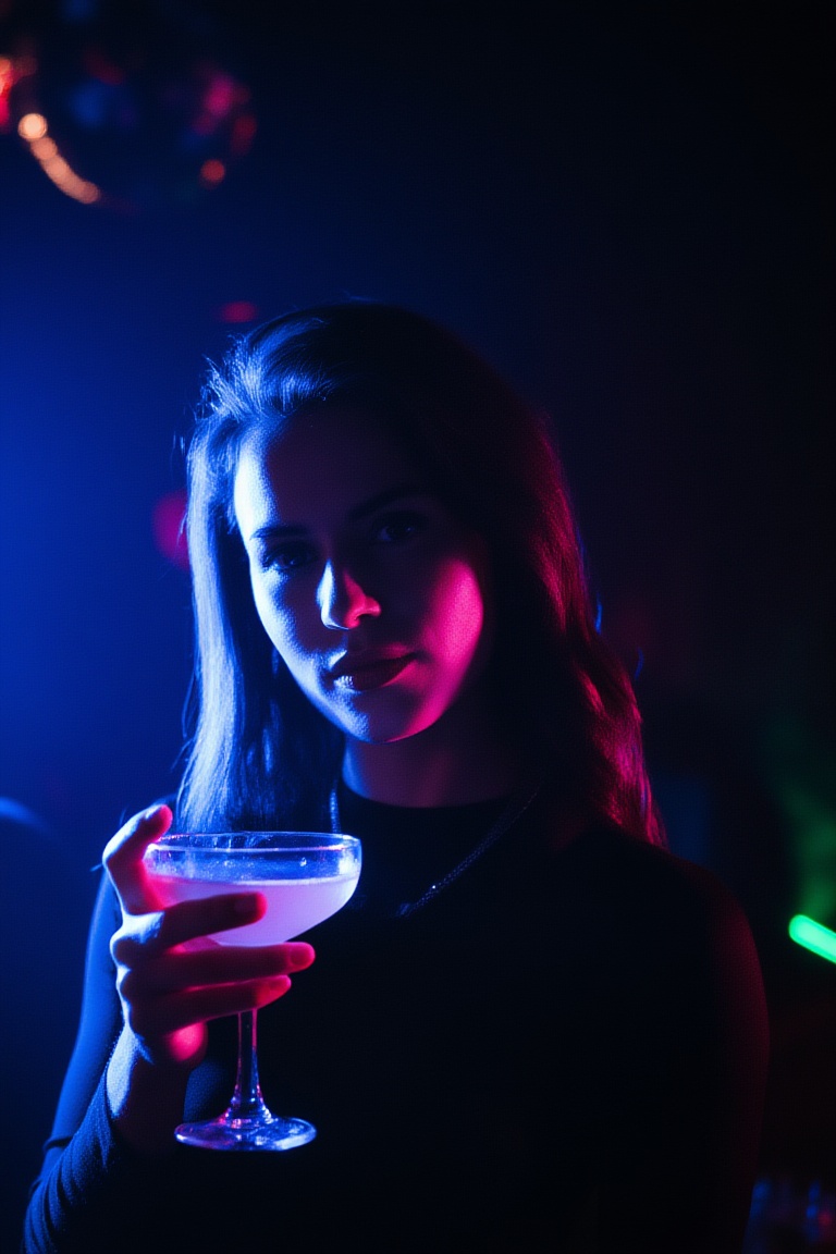 woman holding a cocktail glass in a dark,  nightclub,  rim-lit on Tensor.Art