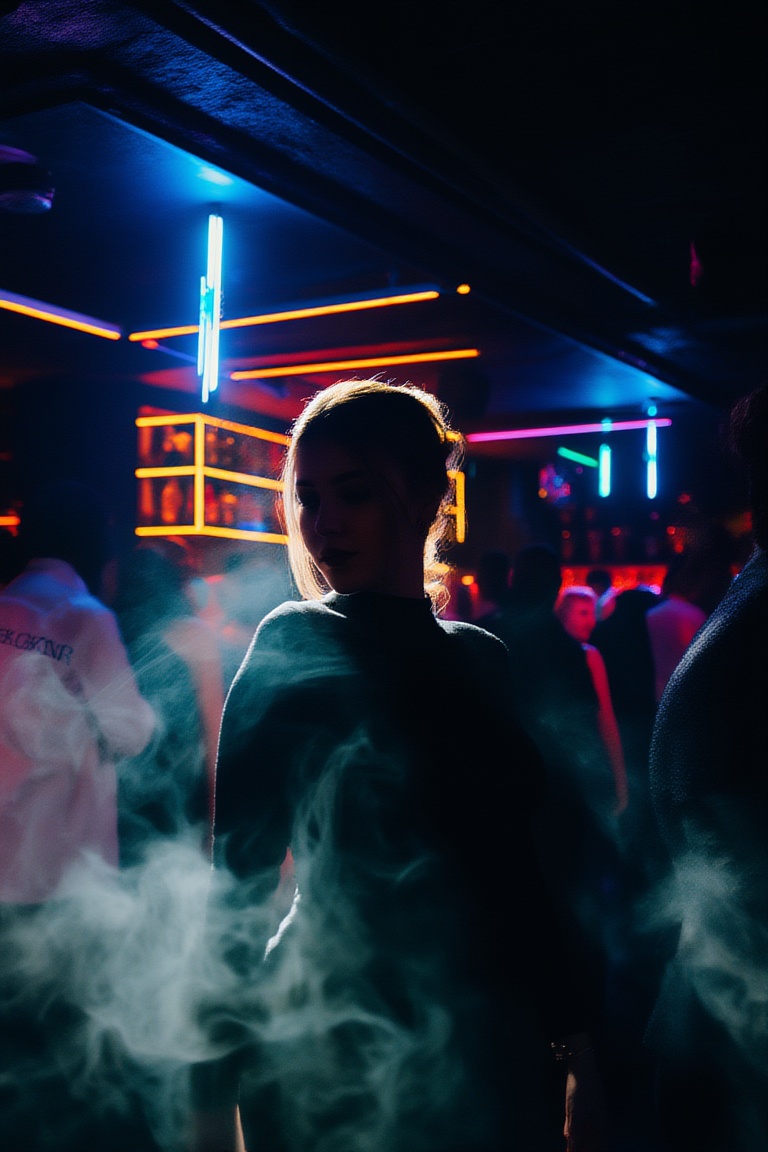 low-key club interior,  neon lights in the background,  silhouettes of people on Tensor.Art