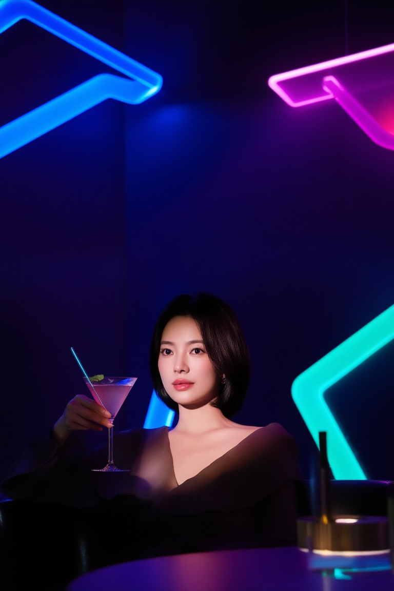 dim neon-lit cafe private luxurious room interior,  upper-body portrait of a beautiful young woman with short hair,  face...