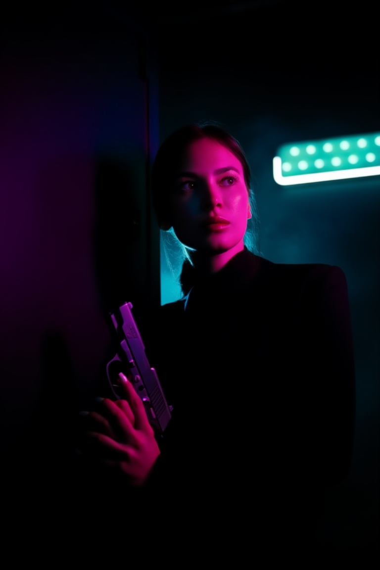 Cinematic low-light neon interior,  rim-lit,  waist-up close-up of a 20yo female intelligence operative filling the frame...