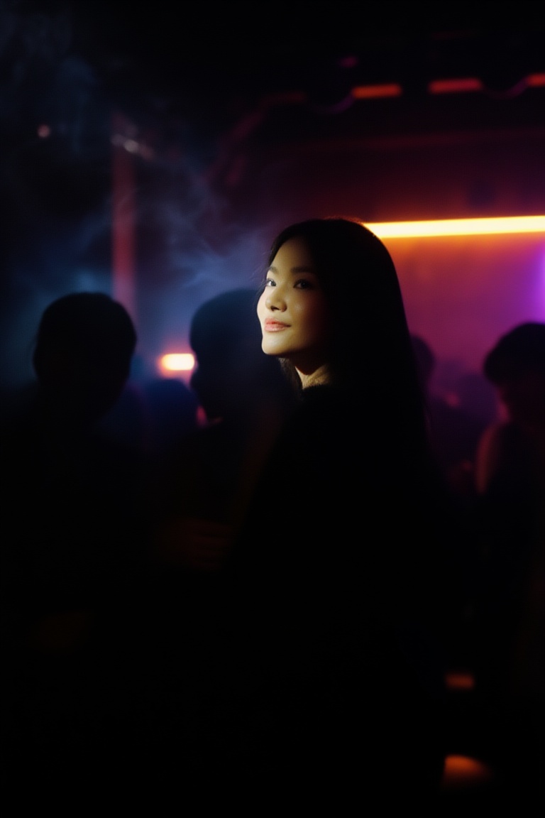 low-key club interior,  neon lights in the background,  subject subtly separated from the background on Tensor.Art