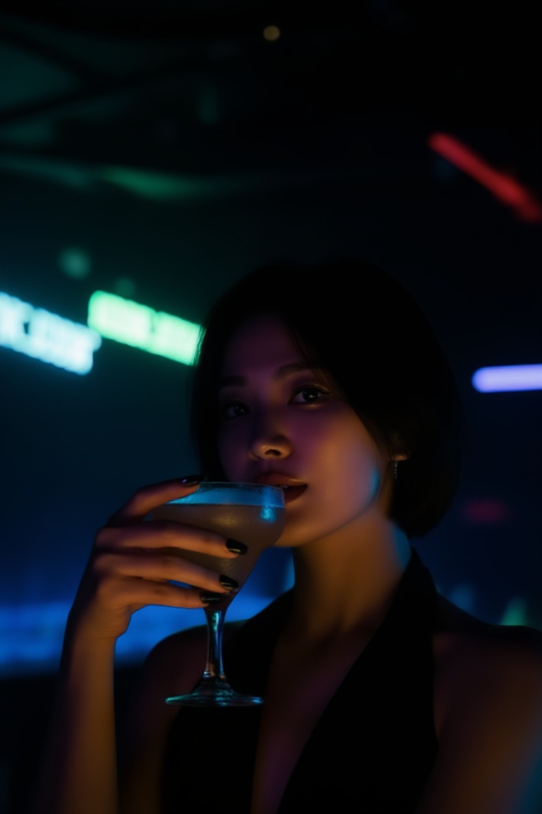 low-key club interior,  upper-body portrait of a beautiful young woman with short hair,  face fully visible on Tensor.Art