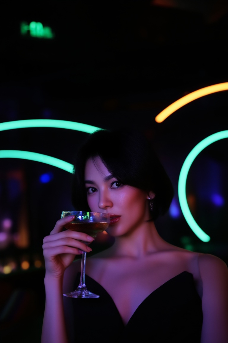 low-key club interior,  upper-body portrait of a beautiful young woman with short hair,  face fully visible on Tensor.Art