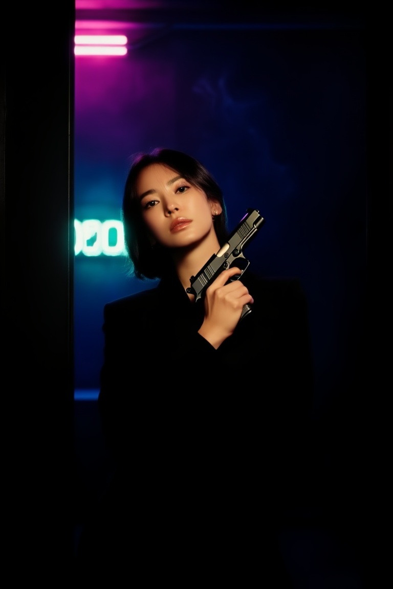 Cinematic low-light neon interior,  rim-lit,  waist-up close-up of a 20yo female intelligence operative filling the frame...