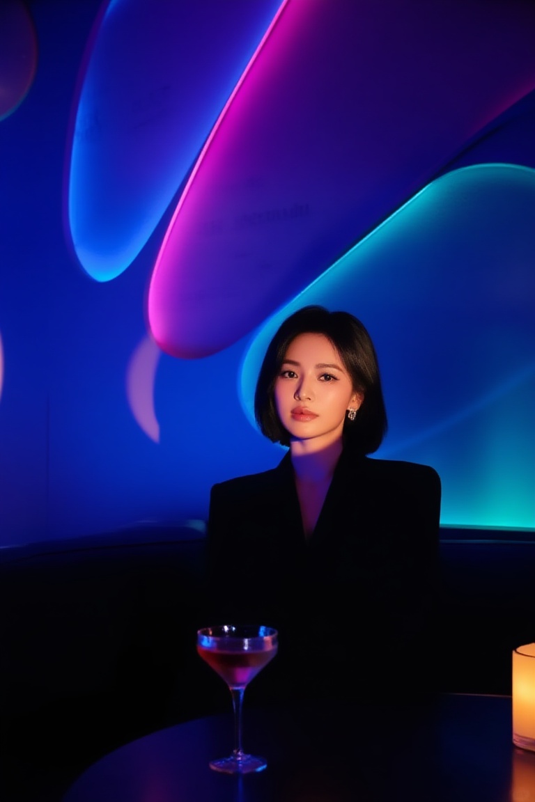 dim neon-lit cafe private luxurious room interior,  upper-body portrait of a beautiful young woman with short hair,  face...