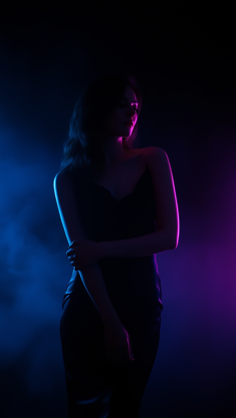a long-haired woman in a dark elegant dress,  standing in darkness,  arms crossed loosely around her body on Tensor.Art