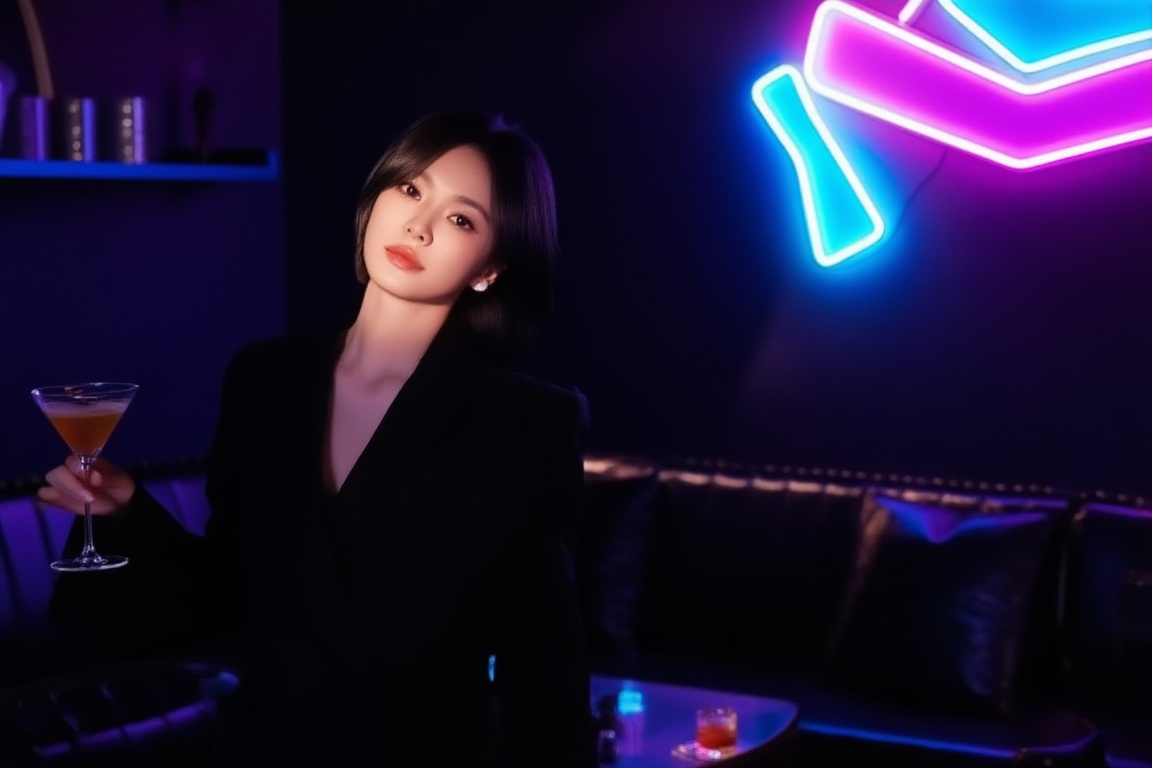 dim neon-lit cafe private luxurious room interior,  upper-body portrait of a beautiful young woman with short hair,  face...