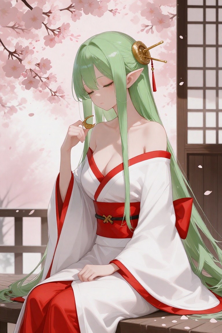 a digital illustration shoot from the side about a character sitting on a bench surrounded by cherry blossom petals,  wear...