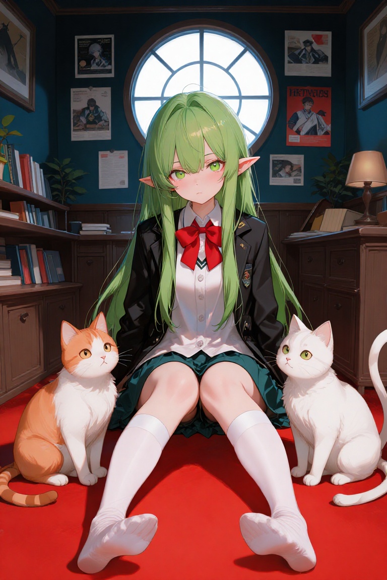 a digital illustration shoot from the front about a girl sitting on a red carpet with two cats in a dimly lit room,  surro...