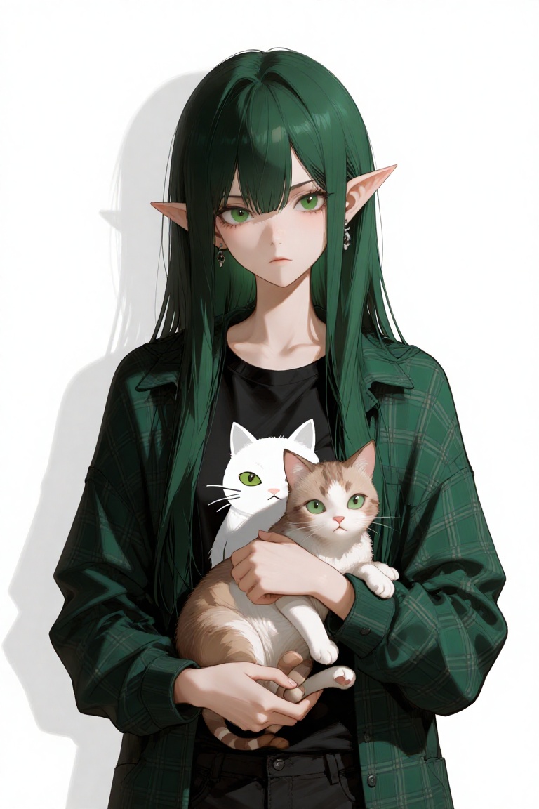 a digital illustration shoot from a frontal camera angle about a young woman with long,  straight,  dark green hair and po...