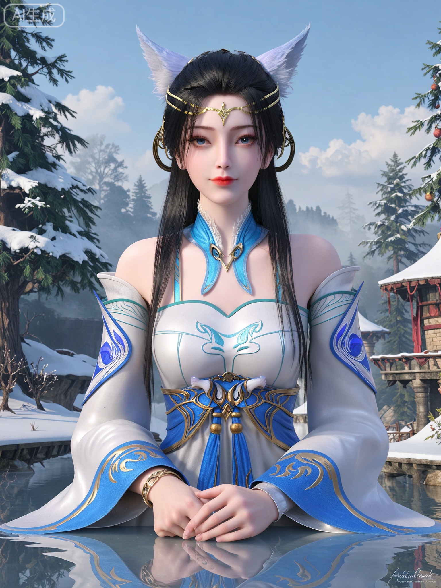 score_9,score_8_up,score_7_up,masterpiece,(best quality),(intricate details:0.9) BREAK (intricate details:0.9),(realistic skin:1.2),masterpiece,best quality,newest,absurdres,hiahres,1girl,jewelry,hair ornament,dress,necklace,lips,eyeshadow,bracelet,tassel,(8k ultra-clear, pony style),photo pose 0.6, micro-expression: soft smile 0.3, half-body + medium shot 0.7,1girl,looking_at_viewer,1boy,hair,realistic,photorealistic,Vivid Colors,bright environment,shiny skin,shiny hairjewelry,detail eyes,Eyes highlights,glowing,sunshine,bright,reflection,bright,sunshine on face,shiny,shinny,petite,thin,leg slimming,lose weight,slim hips,lakeside,delicate water,reflection,(full body:0.8)sitting_down,eyelashes,snow,Winter,Snowy landscape,Snow accumulation,Christmas tree,fox ears,fox tail,forehead mark,black-hair,