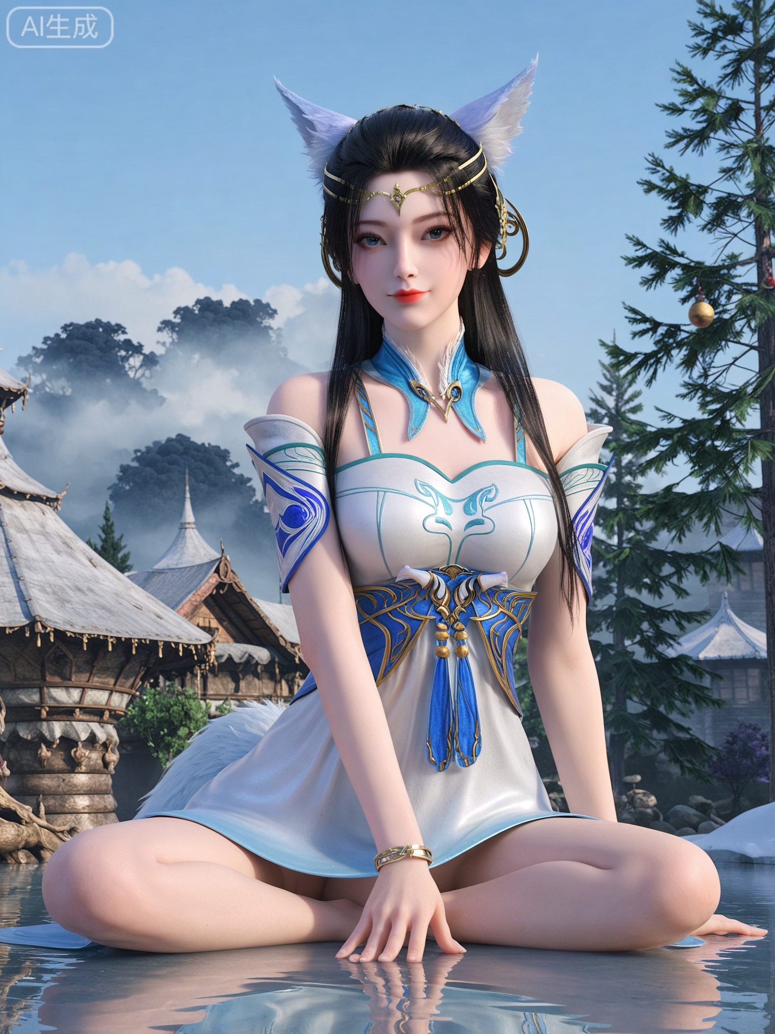 score_9,score_8_up,score_7_up,masterpiece,(best quality),(intricate details:0.9) BREAK (intricate details:0.9),(realistic skin:1.2),masterpiece,best quality,newest,absurdres,hiahres,1girl,jewelry,hair ornament,dress,necklace,lips,eyeshadow,bracelet,tassel,(8k ultra-clear, pony style),photo pose 0.6, micro-expression: soft smile 0.3, half-body + medium shot 0.7,1girl,looking_at_viewer,1boy,hair,realistic,photorealistic,Vivid Colors,bright environment,shiny skin,shiny hairjewelry,detail eyes,Eyes highlights,glowing,sunshine,bright,reflection,bright,sunshine on face,shiny,shinny,petite,thin,leg slimming,lose weight,slim hips,lakeside,delicate water,reflection,(full body:0.8)sitting_down,eyelashes,snow,Winter,Snowy landscape,Snow accumulation,Christmas tree,fox ears,fox tail,forehead mark,black-hair,