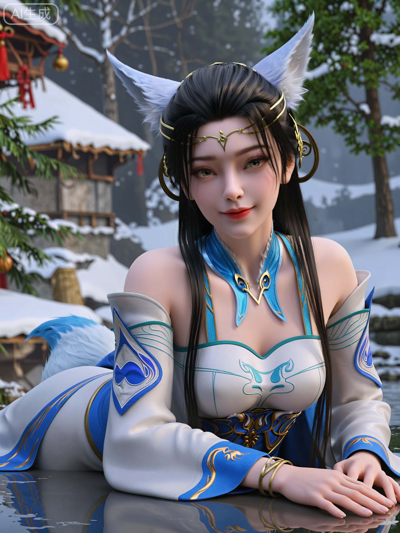 score_9,score_8_up,score_7_up,masterpiece,(best quality),(intricate details:0.9) BREAK (intricate details:0.9),(realistic skin:1.2),masterpiece,best quality,newest,absurdres,hiahres,1girl,jewelry,hair ornament,dress,necklace,lips,eyeshadow,bracelet,tassel,(8k ultra-clear, pony style),photo pose 0.6, micro-expression: soft smile 0.3, half-body + medium shot 0.7,1girl,looking_at_viewer,1boy,hair,realistic,photorealistic,Vivid Colors,bright environment,shiny skin,shiny hairjewelry,detail eyes,Eyes highlights,glowing,sunshine,bright,reflection,bright,sunshine on face,shiny,shinny,petite,thin,leg slimming,lose weight,slim hips,lakeside,delicate water,reflection,(full body:0.8)sitting_down,eyelashes,snow,Winter,Snowy landscape,Snow accumulation,Christmas tree,fox ears,fox tail,forehead mark,black-hair,