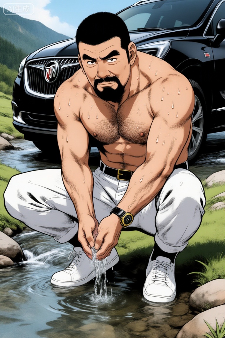 田龟源五郎风格漫画,一位身材健硕的中年男性,寸头造型,留有胡须。他赤裸上身,肌肉线条明显且带有水珠,穿着白色长裤与白色板鞋,佩戴着一块黑金配色的手表。他蹲在山间溪流中,双手捧水,背景是一辆黑色的别克昂科威SUV,整体画面呈现出硬朗、野性且充满质感的户外氛围。