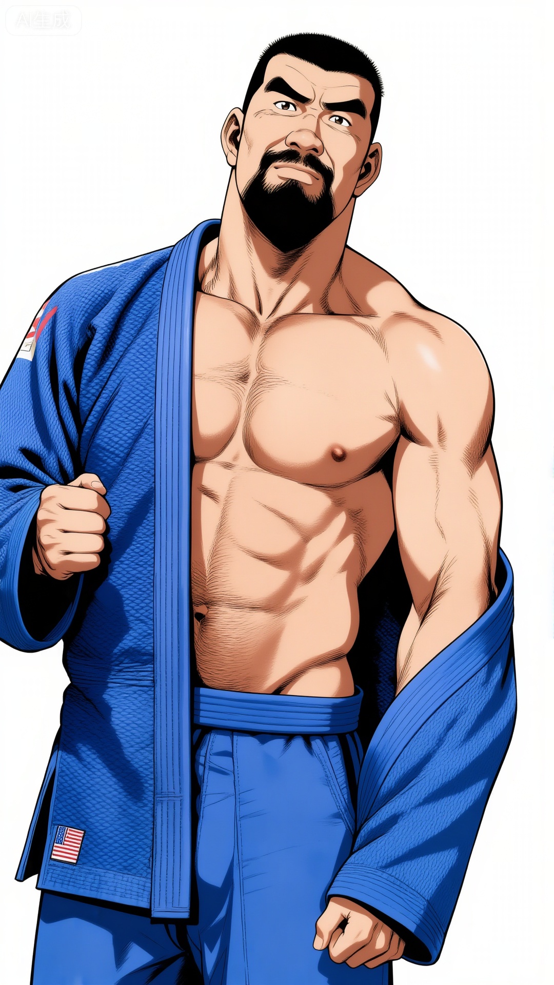 彩色漫画,田龟源五郎风格,极致细节,4K壁纸,最高质量,杰作,极致清晰,极致细节,4K壁纸,最高质量,杰作,
男性, 38岁左右的中年男性赵磊,气质硬朗且充满力量感,留寸头、面部有胡须,赤裸上身（肌肉线条饱满）,穿着蓝色柔道裤,右手搭着蓝色柔道服,身处纯白背景前,整体画面光线明亮均匀。脂包肌身材,中国男人,
