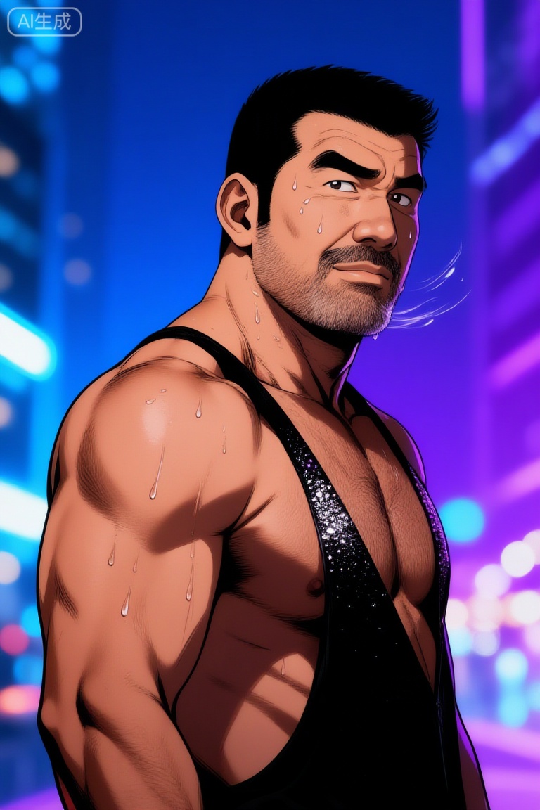 田龟源五郎风格漫画,极致细节,4K壁纸,最高质量,杰作,极致清晰,最高质量,杰作,
男性, 
一个中年男人,有一张硬朗、阳刚的脸和整洁的短发。他赤膊上阵,肌肉被脂肪覆盖,但身体紧绷,肌肉线条有力,置身于迷幻的蓝色与紫色霓虹灯光中,他正回眸凝视镜头,眼神充满故事感,他身着带有亮片的黑色吊带背心,脸上的汗滴被风吹起,背景是虚化的都市夜景与闪烁的灯光,摄影,照片级真实,人像模式,焦距85mm,光圈f/1.4,ISO 400,背景光斑如奶油般化开,极致细节,4K壁纸,电影感光影,