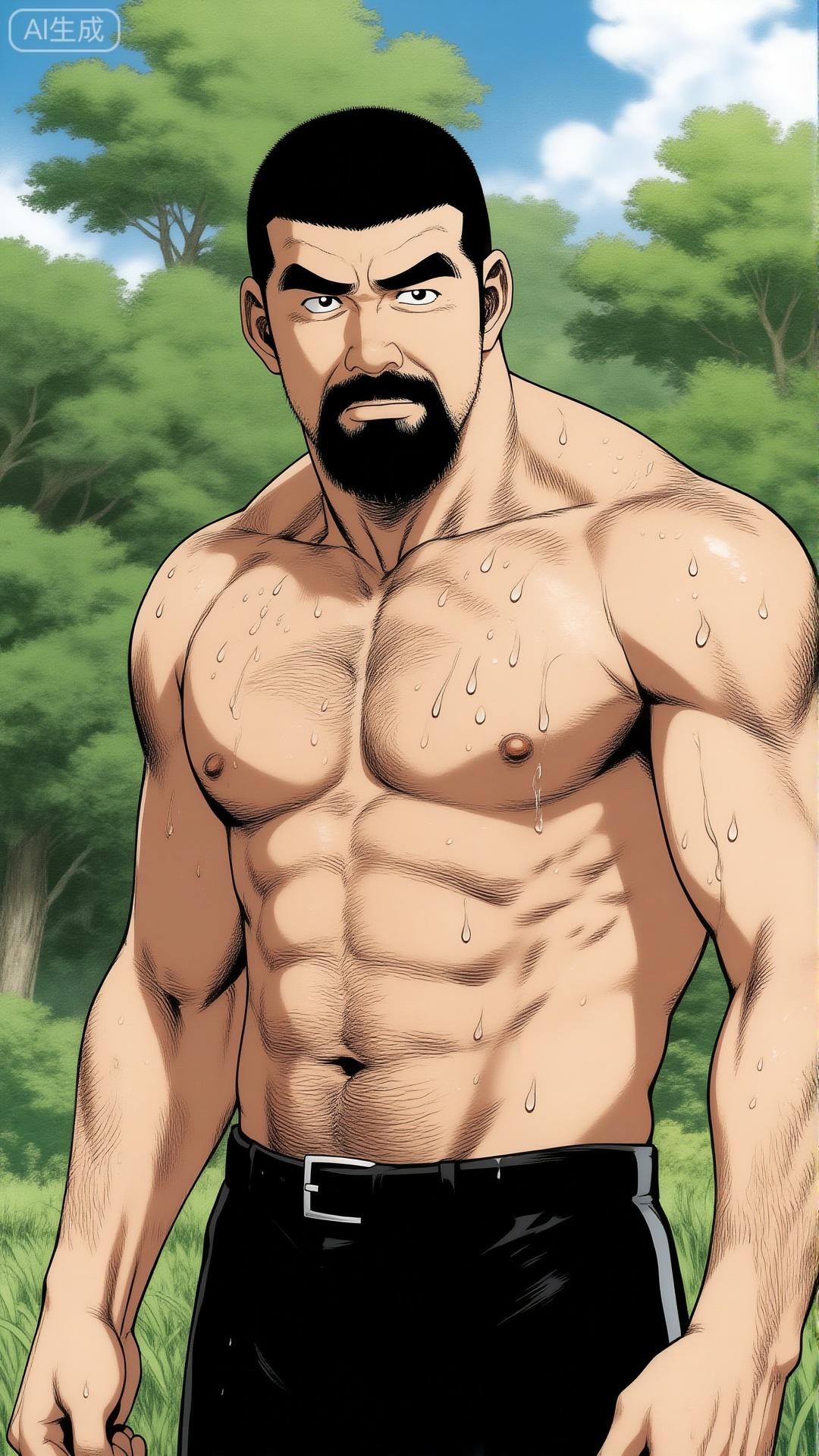 漫画,彩色漫画,田龟源五郎风格,
一位身材健硕的中年男性,寸头造型,留有胡须。他赤裸上身,肌肉线条明显且带有水珠,整体画面呈现出硬朗、野性且充满质感的户外氛围。,田龟源五郎风格