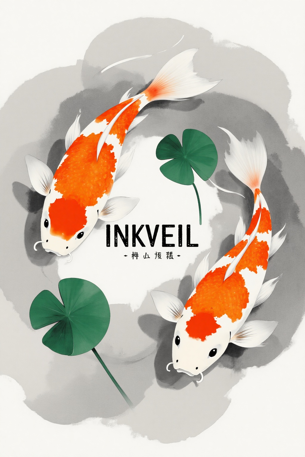 INKVEIL style,  An overhead view of three koi fish swimming in a swirl of ink and water. The fish are bright orange and wh...