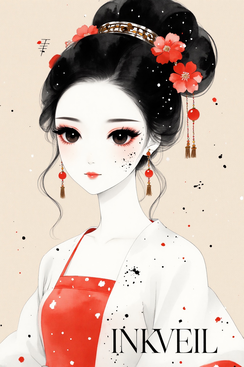 INKVEIL style,  A delicate modern ink and watercolor illustration of a doll-like girl with a slender neck and huge,  expre...