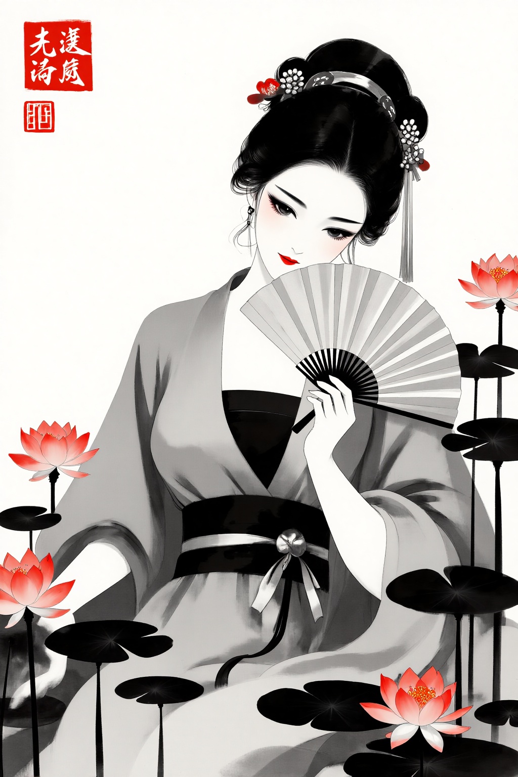 INKVEIL style,  A graceful woman in a traditional robe,  rendered in a modern Sumi-e ink wash style on Tensor.Art