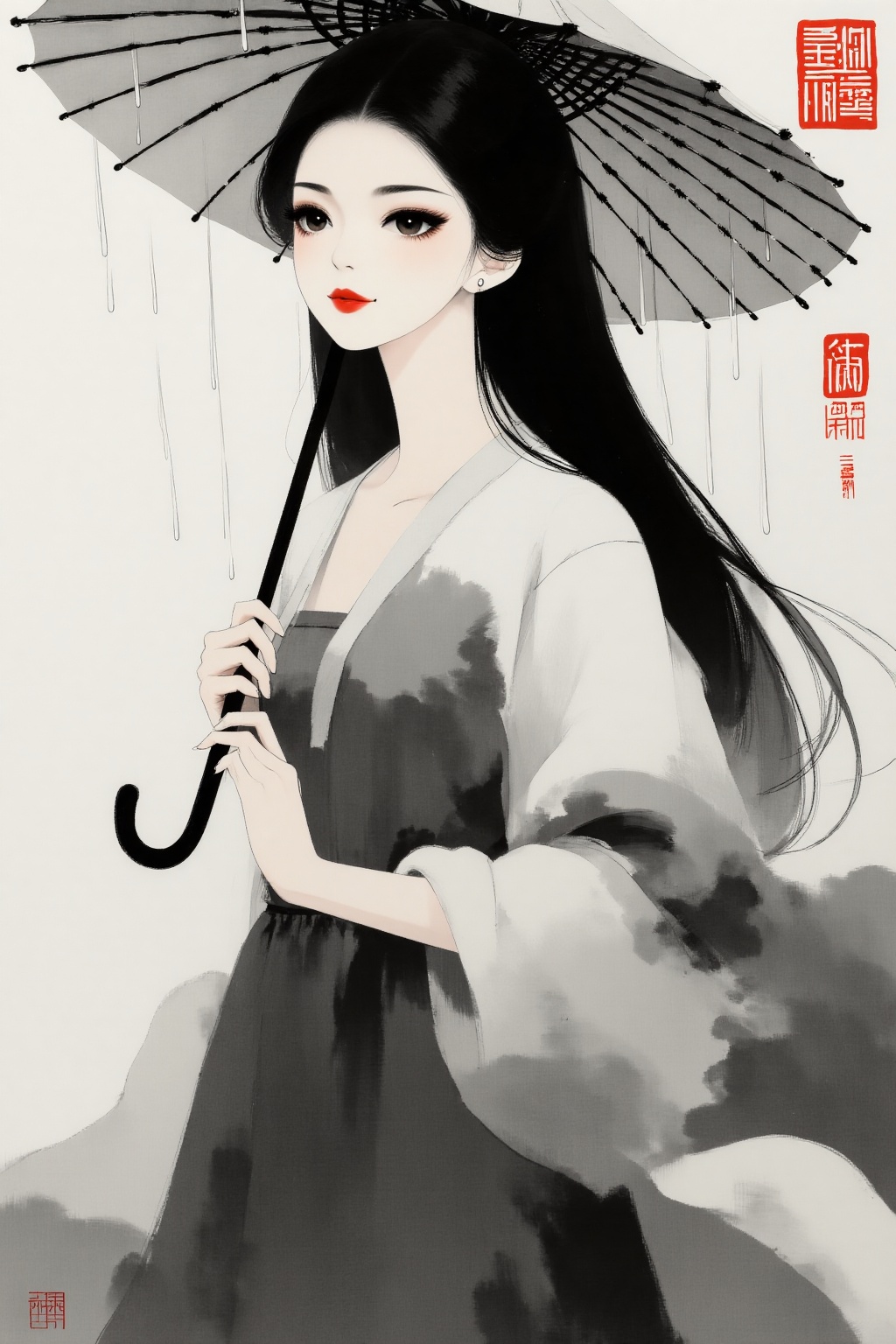 INKVEIL style,  Modern Chinese ink painting of a woman ,  dynamic action pose with long black hair holding a traditional p...