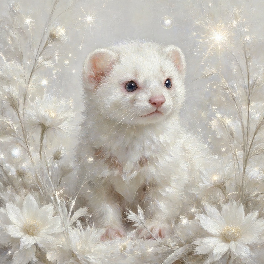 A detailed textured painting,  a white-on-white study. A close-up of a white ferret with pink eyes,  standing alert among...