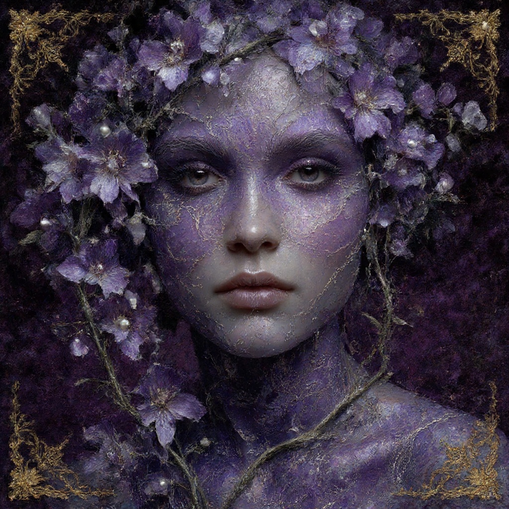 Surreal decorative portrait of a woman whose skin is luxurious violet brocade,  seamlessly transitioning into living,  blo...