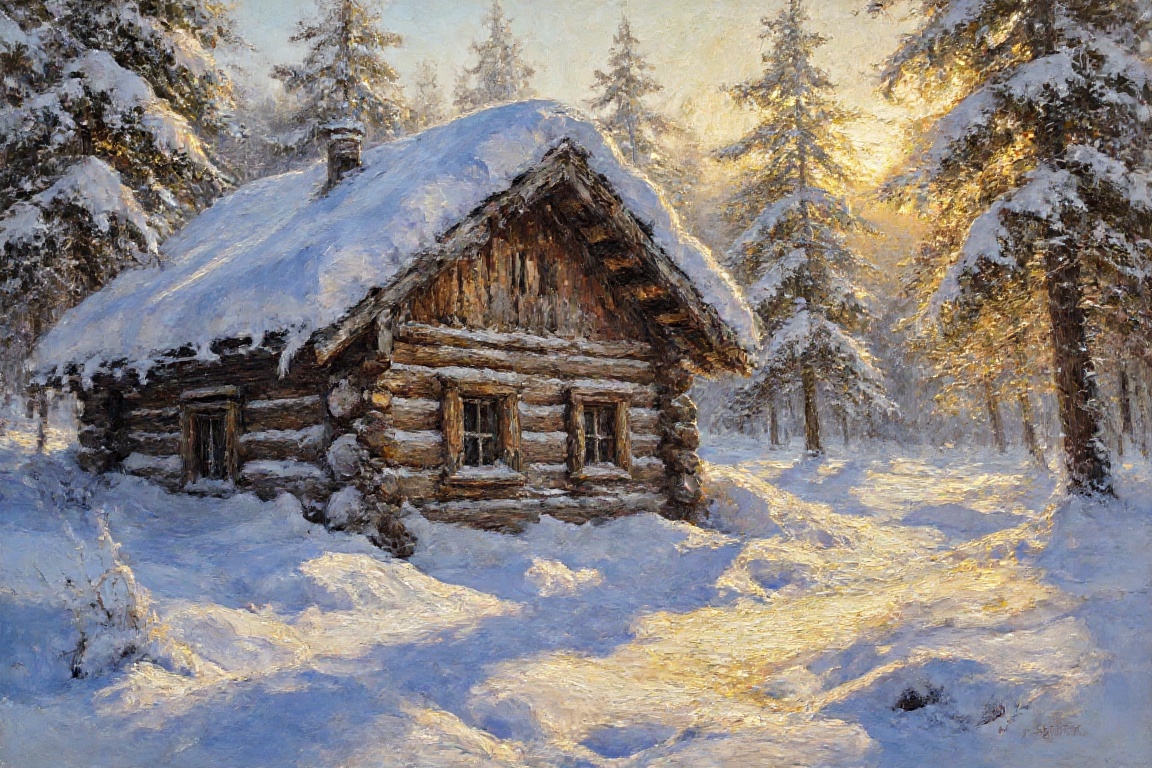 Oil painting,  textured impasto technique,  thick expressive brushstrokes. A view of a traditional Russian log cabin (izba...