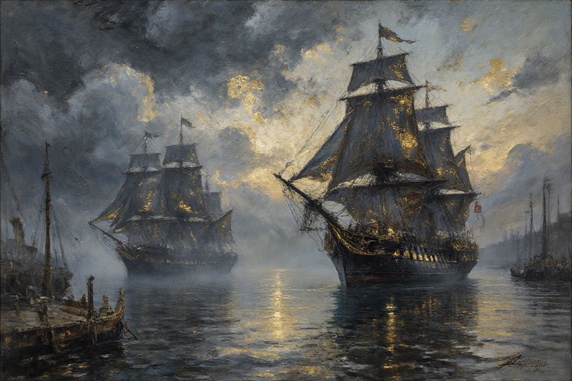 A textured oil painting of a grand,  serene harbor at dusk. A few massive,  majestic sailing ships with elegant hulls and...