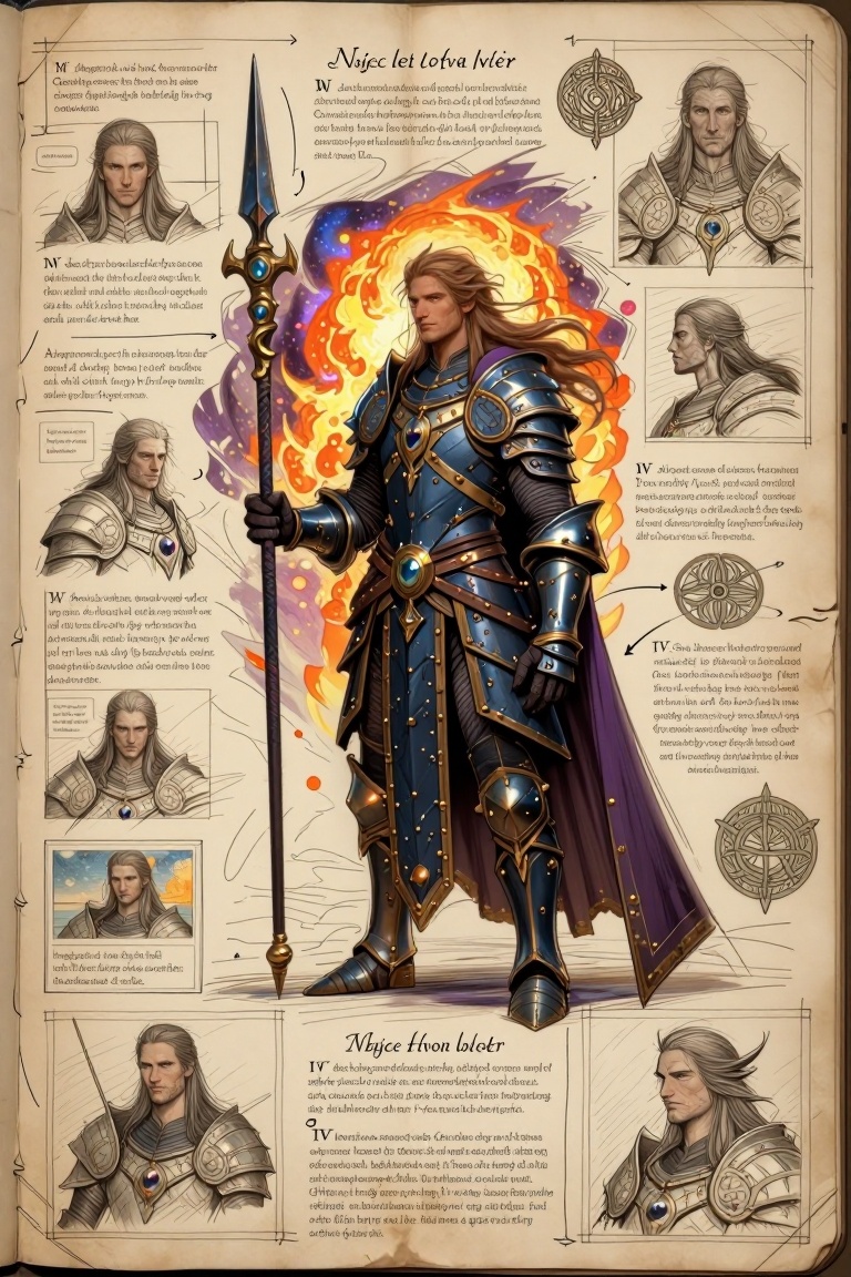 [ Illustration of ] The image depicts a regal figure standing confidently,  adorned in elaborate medieval-style armor. The...