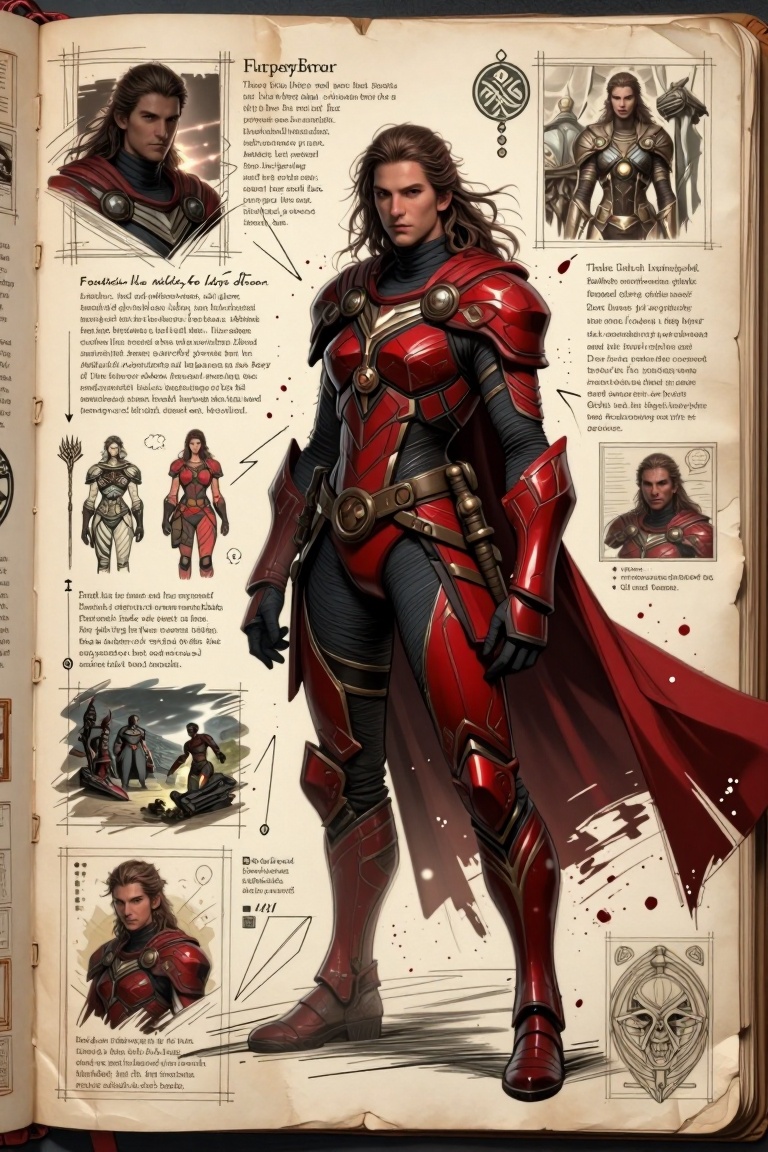 [ Illustration of ] The image depicts a person wearing a red and black armored suit with a cape flowing behind them. The s...