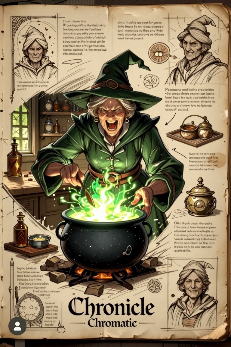 [ Illustration of ] The image depicts a scene in a kitchen where an elderly woman,  dressed in a green outfit and a pointe...
