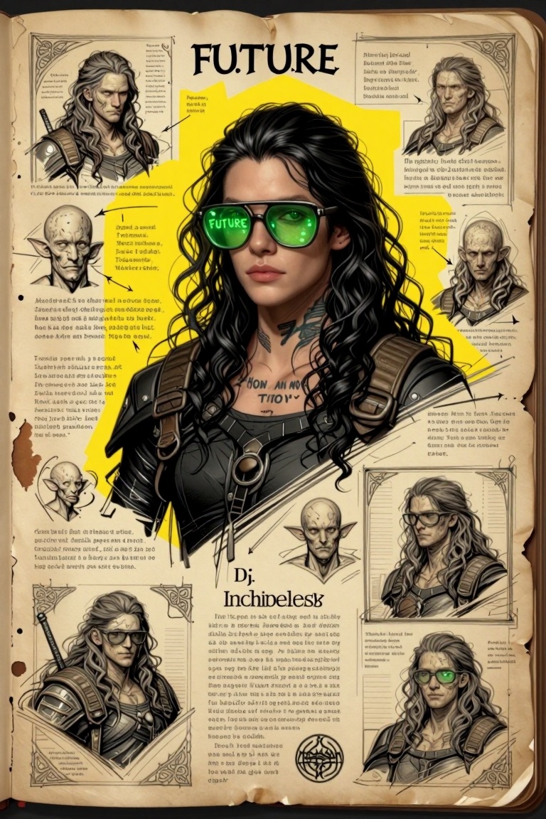 [ Illustration of ] The image features a person with long,  wavy black hair,  wearing large green-tinted glasses with the...
