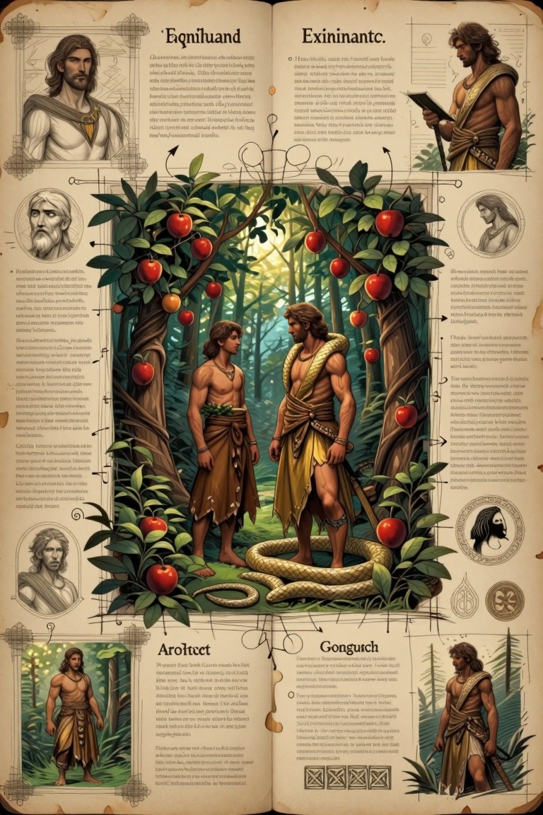 [ Illustration of ] The image depicts two shirtless men standing in a lush,  green forest. They are wearing traditional-lo...