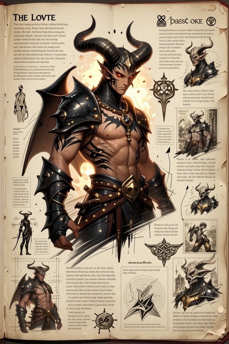 [ Illustration of ] The image depicts a highly stylized and detailed character with a muscular build,  adorned in intricat...