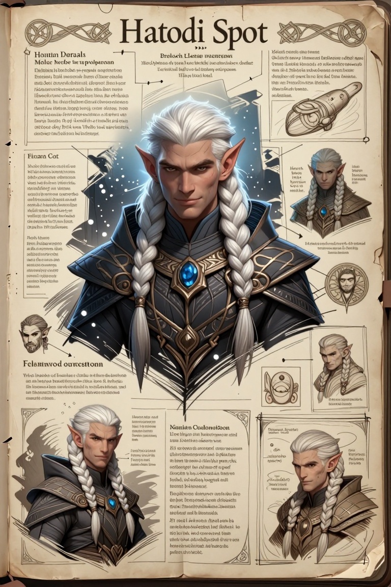 [ Illustration of ] The image depicts a character with long,  braided white hair and pointed ears,  suggesting an elven or...
