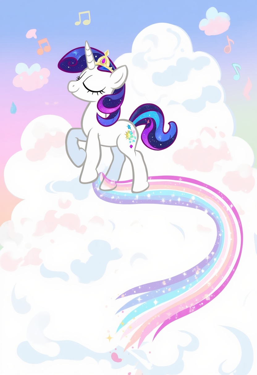 wdw-style,  A magical unicorn named Stardust is trotting through a cloud,  leaving a trail of glitter and rainbows behind...
