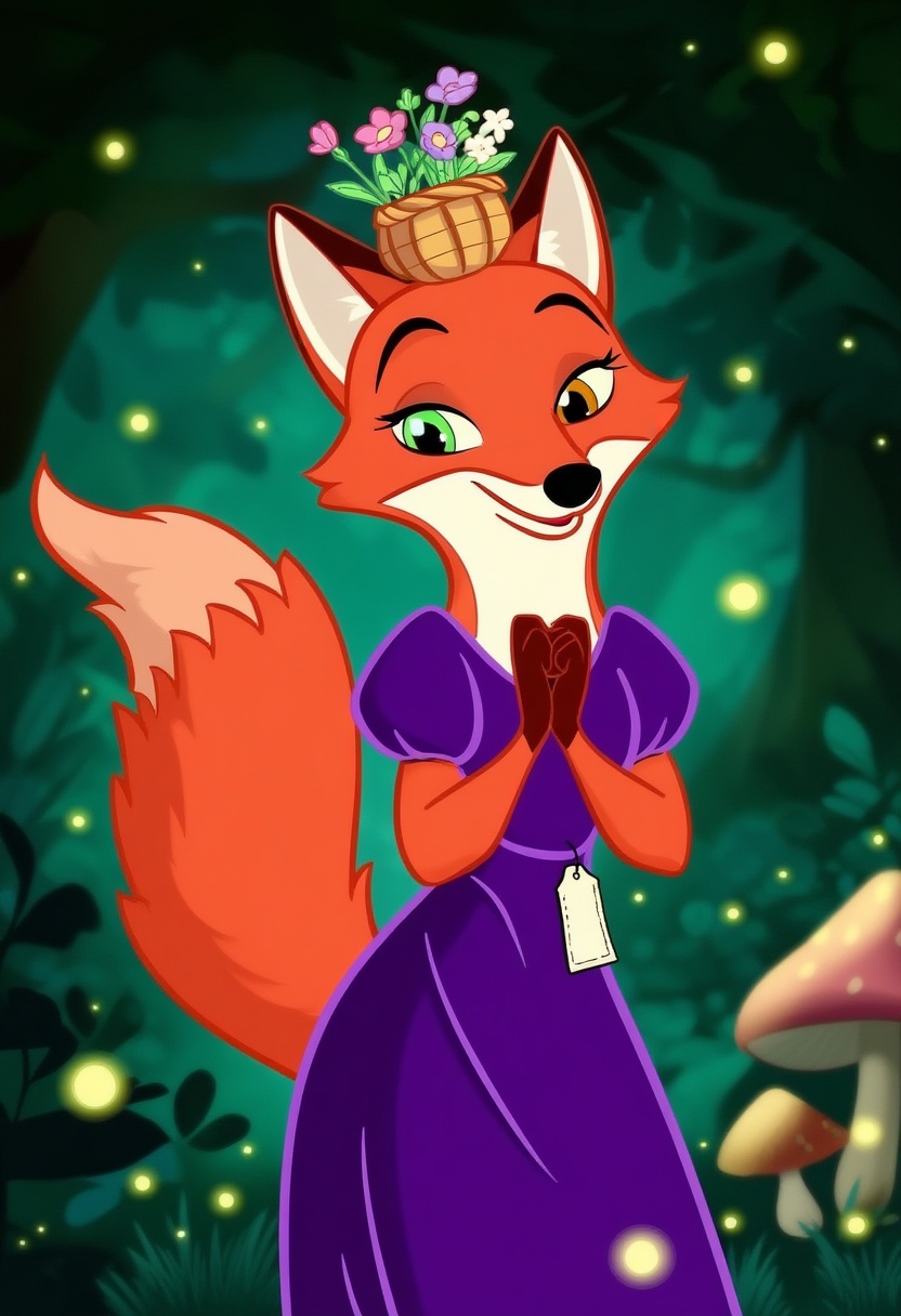 wdw-style,  This WDW-style illustration features a sly but sweet fox named Fiona—her name tag’s sewn on her purple velvet...