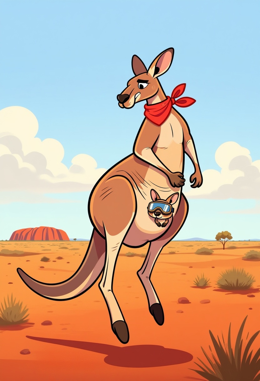 wdw-style,  A mother kangaroo named Ruby is bouncing joyfully across the Australian outback,  with a tiny joey peeking out...