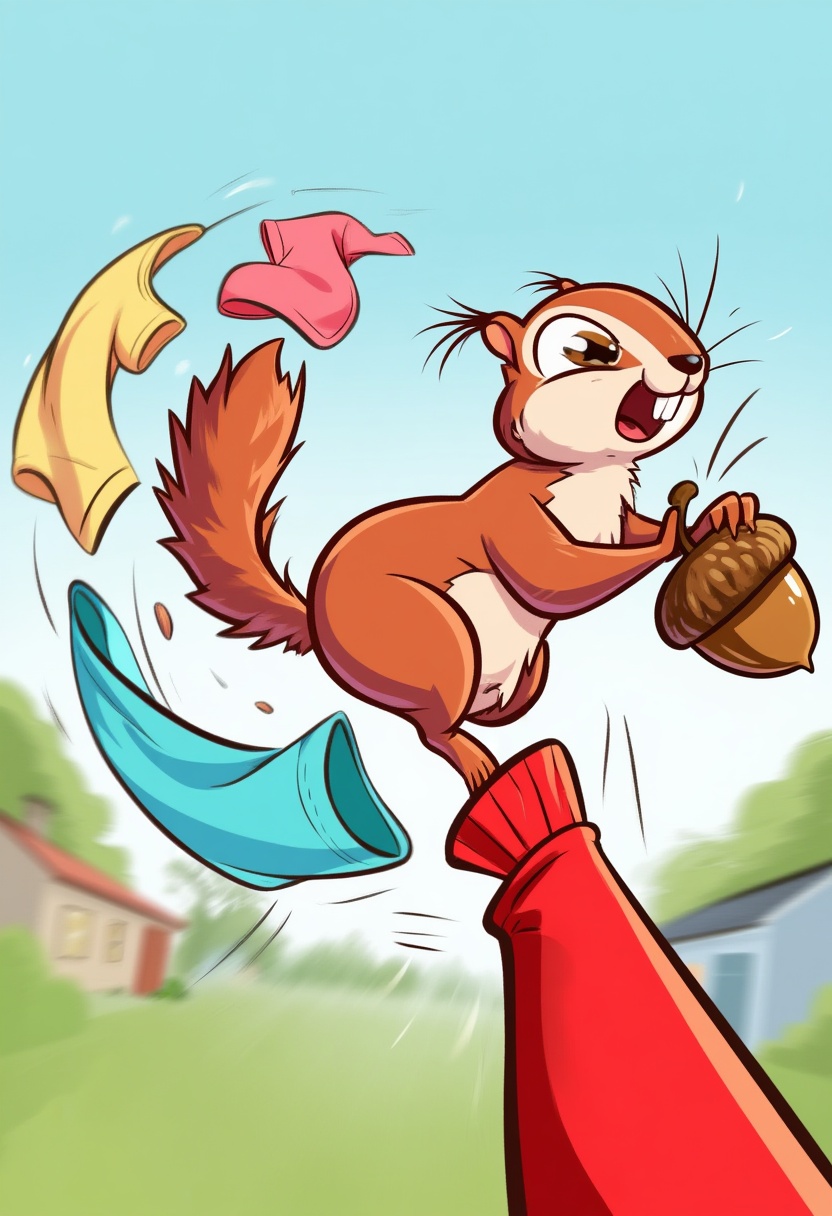 wdw-style,  A frantic squirrel named Zip is zooming across a clothesline,  causing a chaotic tangle of colorful laundry to...