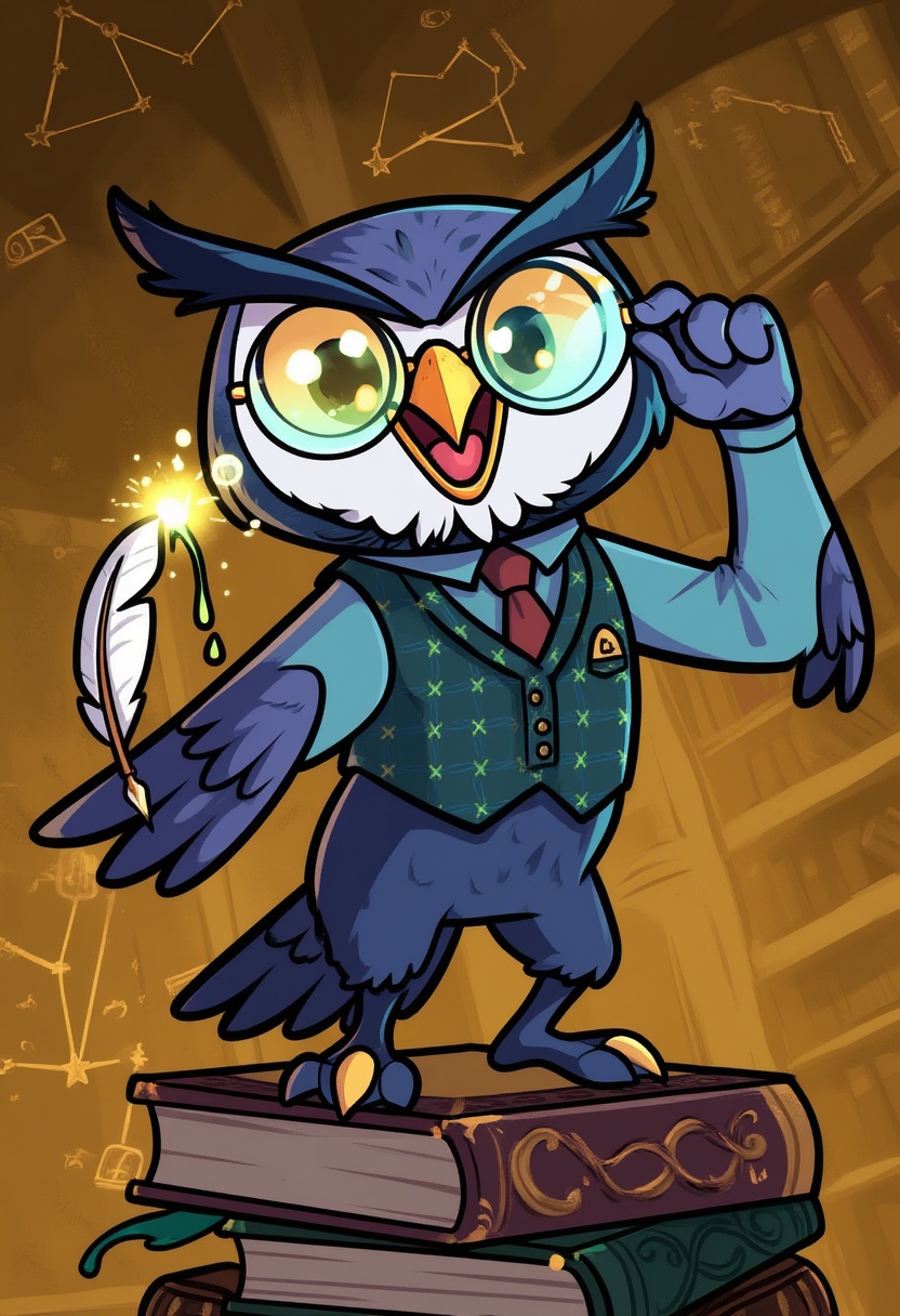 wdw-style,  A geeky owl named Professor Hoot is adjusting his spectacles while standing on a stack of ancient,  oversized...