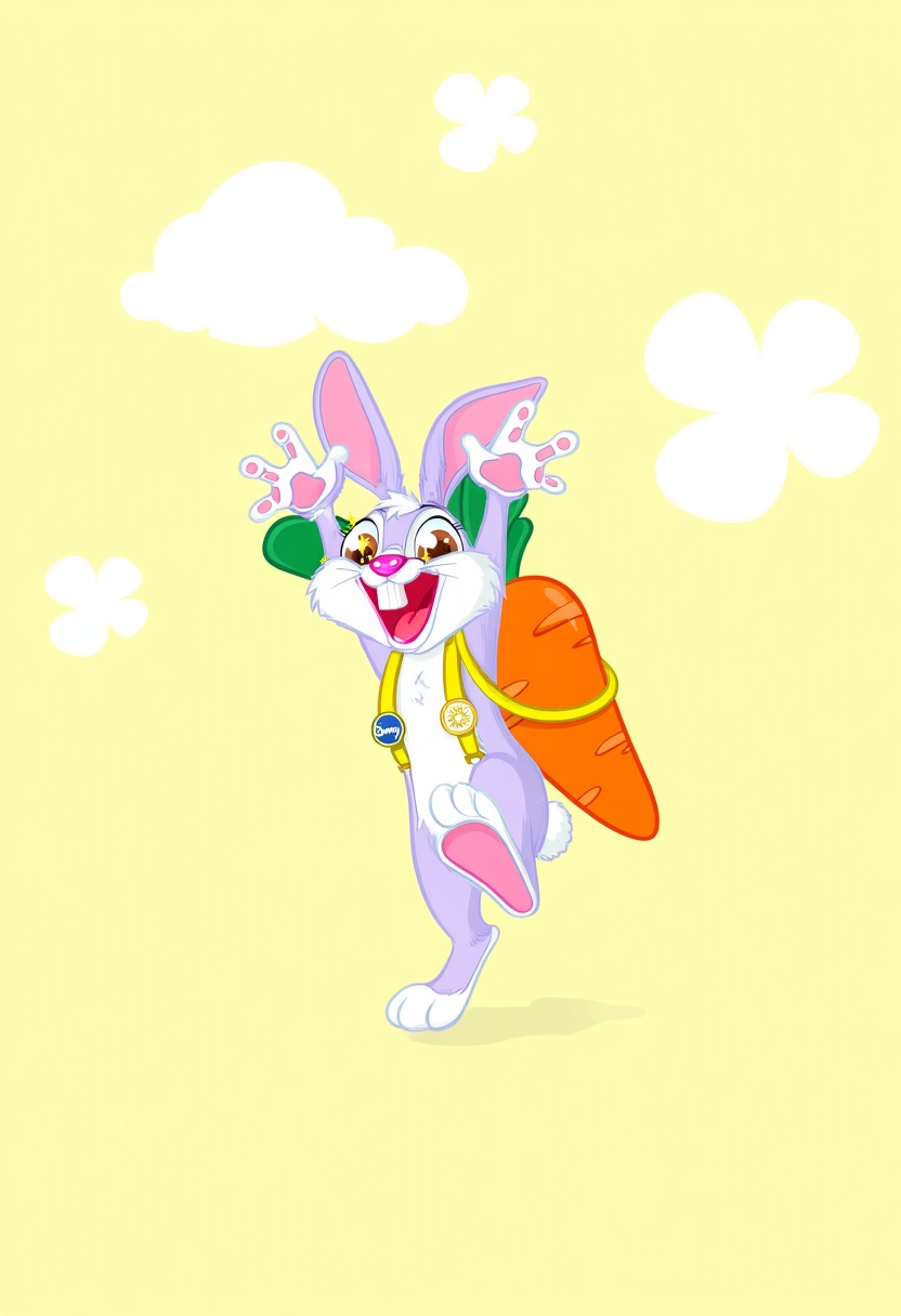 wdw-style,  This WDW-style illustration features a super energetic rabbit named Benny—his name tag’s pinned on his yellow...