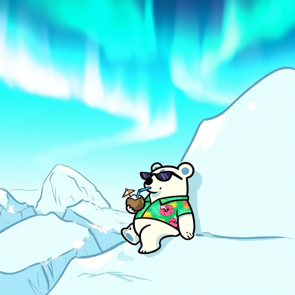 wdw-style,  A cool polar bear named Frosty is leaning against a glacier,  wearing dark sunglasses and a vibrant green trop...