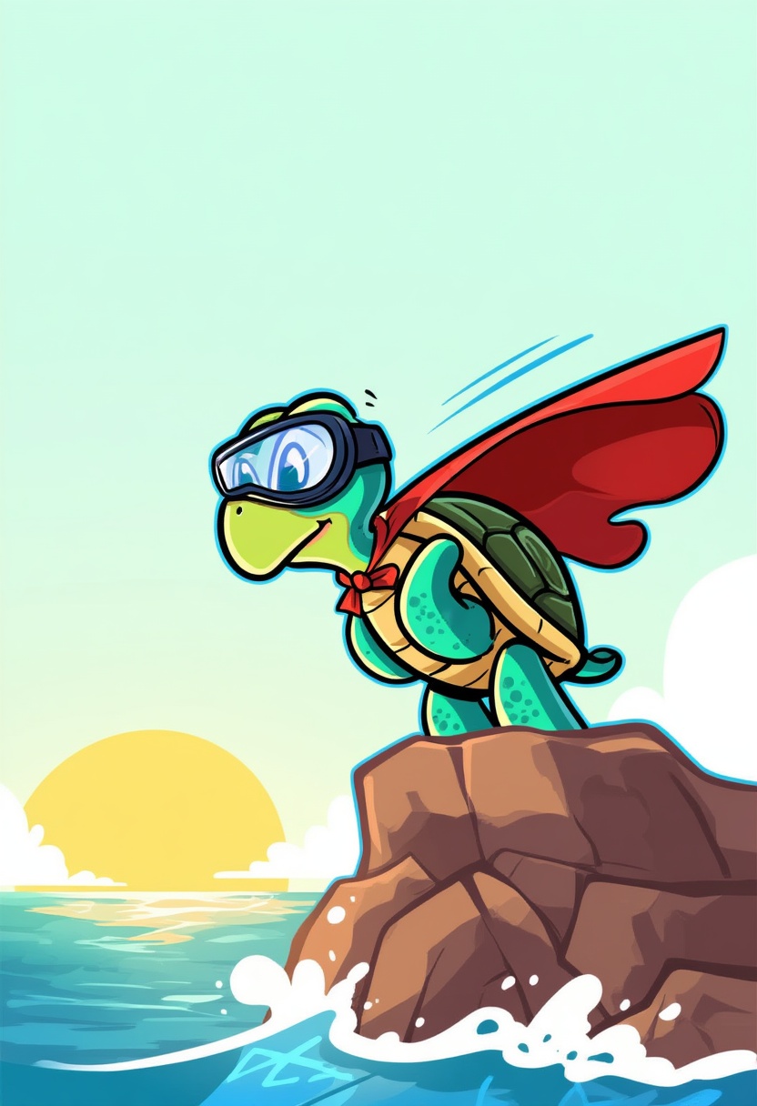 wdw-style,  A spunky turtle named Sheldon is peeking out of his shell,  wearing a red superhero cape tied around his neck...