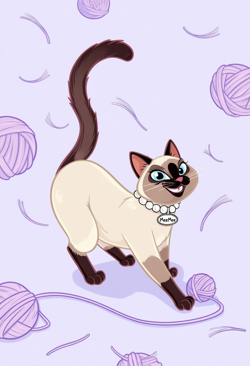 wdw-style,  This WDW-style illustration features an elegant Siamese cat named MeeMee—her name tag’s on her pearl collar—st...