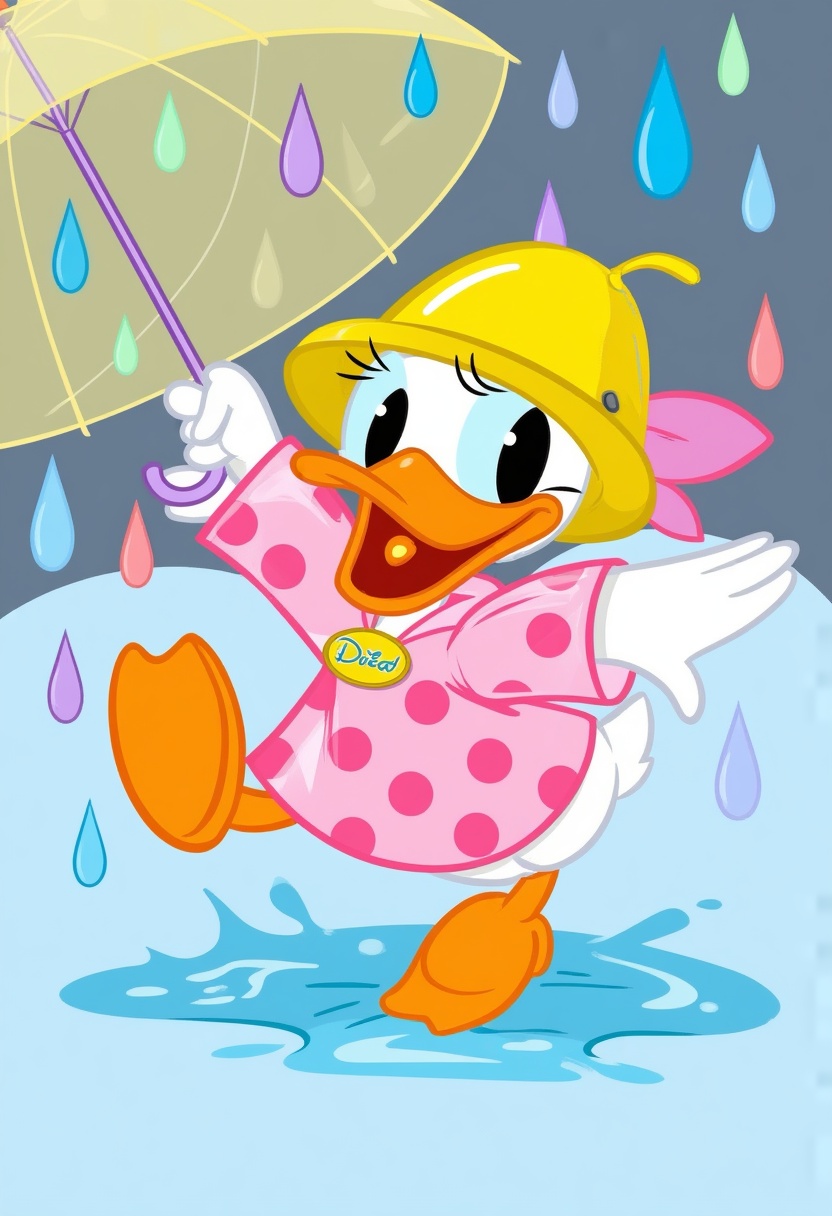 wdw-style,  This WDW-style illustration features a cheerful duck named Daisy—her name tag’s on her pink polka-dot raincoat...
